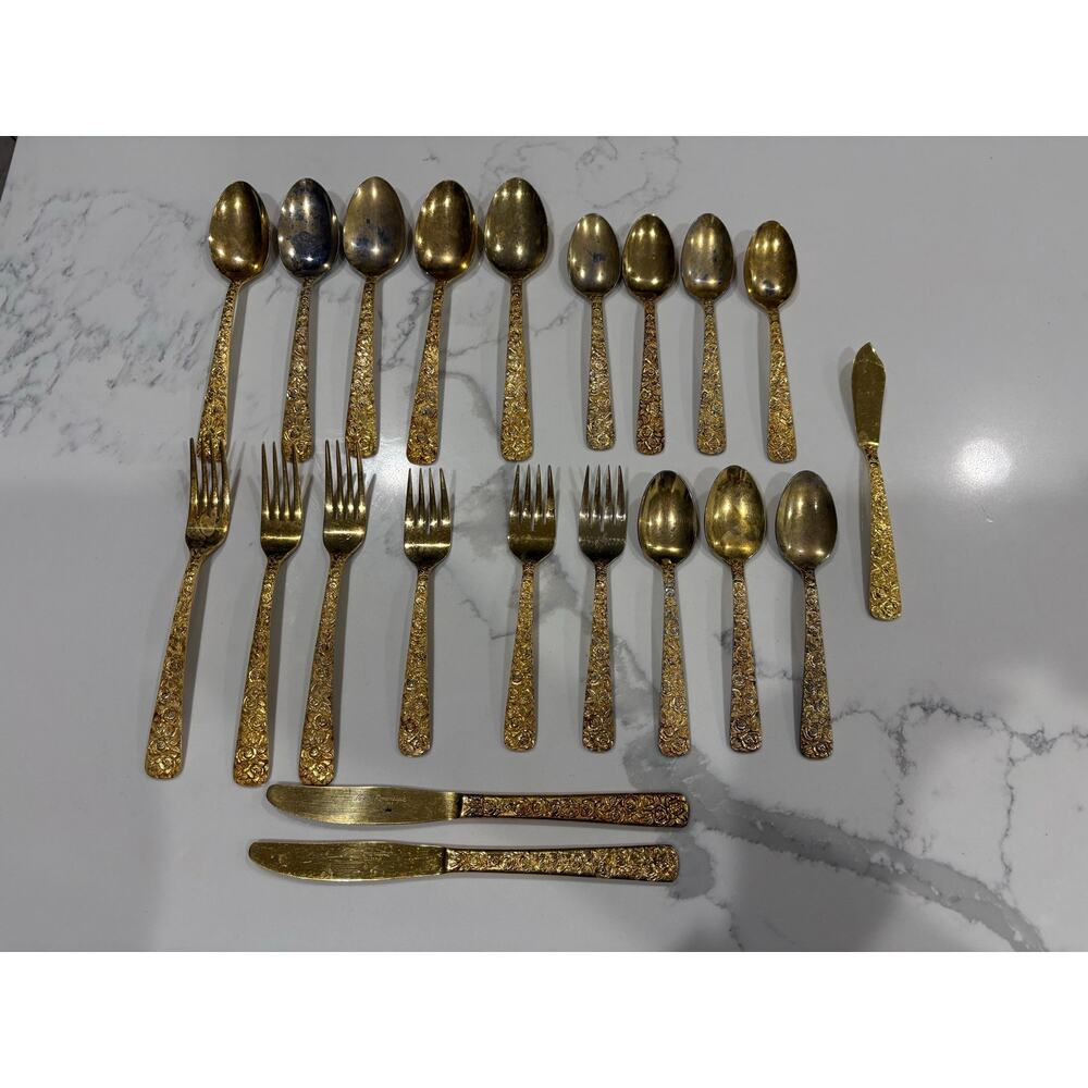 Vintage 1968‎ Cellini Romanesque Flatware Set – 17 Pc Gold– NYM Co. Roses Floral